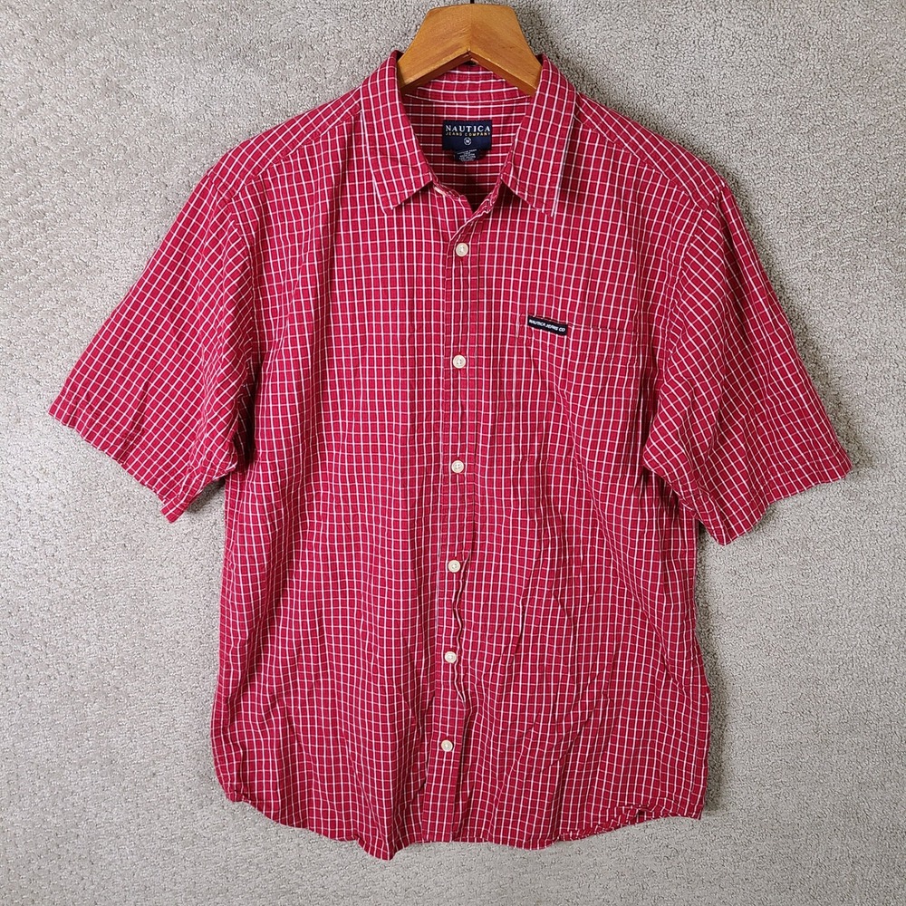 Vintage‎ Nautica Jeans Co Shirt Mens XL Red White Plaid Short Sleeve Button Up